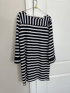 LOFT Navy and White Striped Long-Sleeve Shift Dress